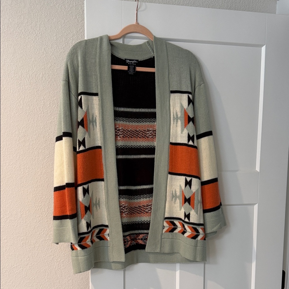 Geometric Open Front Cardigan - Sage and Rust